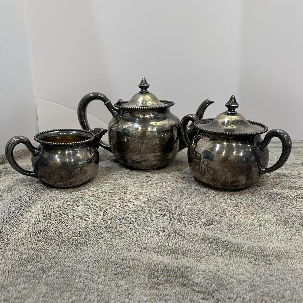 Vintage Wallace Silverplate Teapot, Sugar Creamer Set “M” Engraved Regency MCM‎